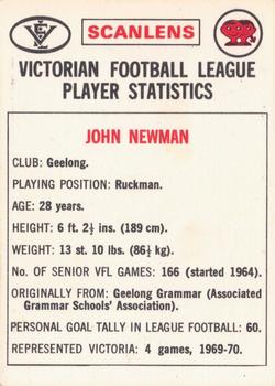 1974 Scanlens VFL #130 John Newman Back